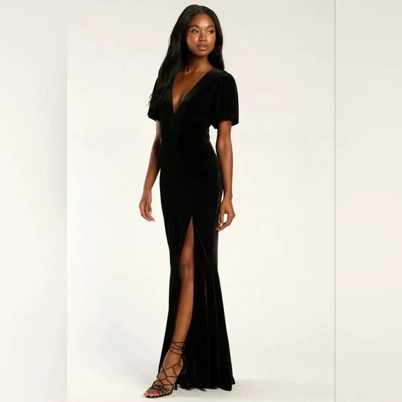 Lulu's Elegant Evenings Black Velvet Flutter Sleeve Trumpet Maxi Dress - Picture 3 of 12